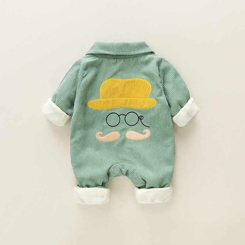 Baby outing one-piece clothes autumn winterthickened haki 0-1 years old baby boy climbing suit corduroy one-piece