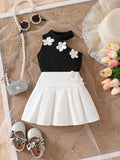 cross-border girls' fashion set: european & american style floral solid color halter top + a-line pleated skirt two-piece outfit