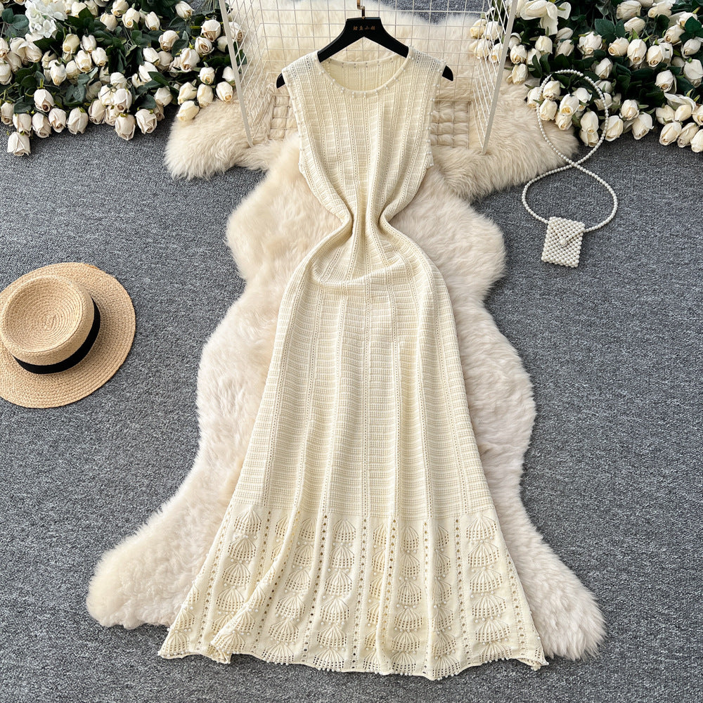 French chic high-end beaded sleeveless dress - women's slimming a-line knit maxi dress with round neck