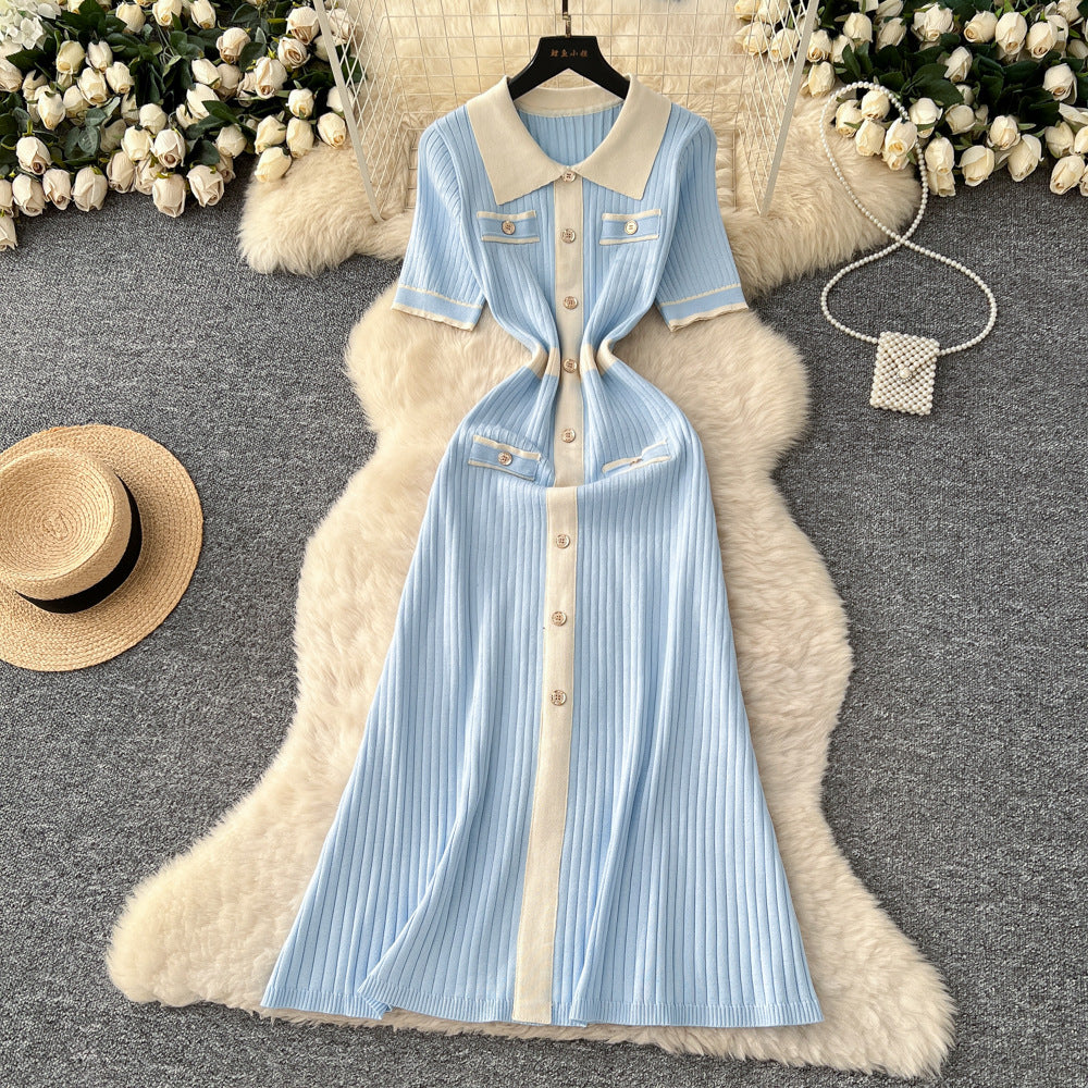 Niche styleretro socialitefashioncontrast colorpolo collar metal buckle short-sleeved knittingdress women's waist sweater long skirt
