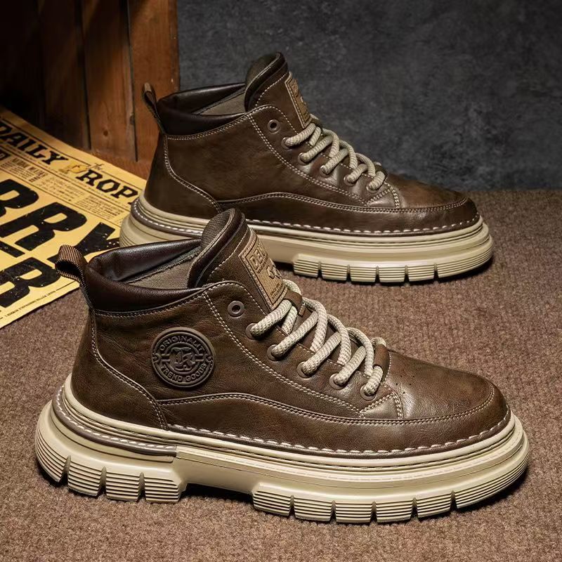 Boots men's high-top spring british style retro genuine leather mencasual leather shoes mid-top waterproofworkwear boots