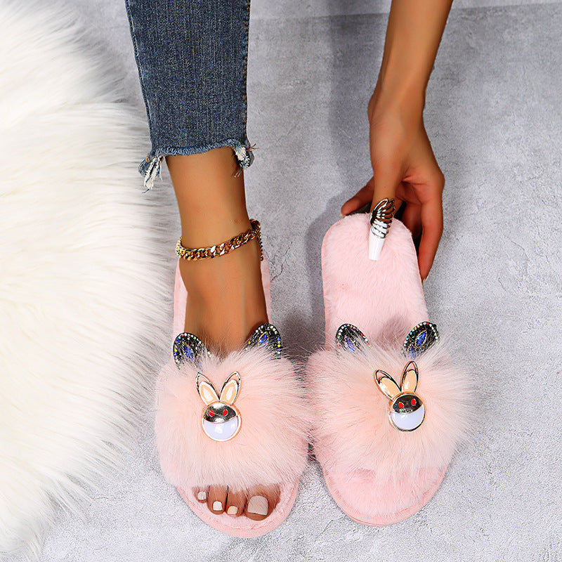 Little rabbit rhinestone furry cotton slippers for women outwear popularins trendy rhinestone korean style cartoon furry shoes thick sole slippers