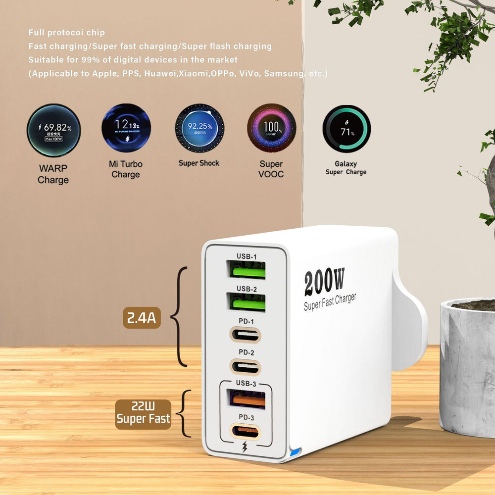 200w multi-port charger 3usb+3pd direct charging fast charging european and american regulations full protocol pd european regulations charging head