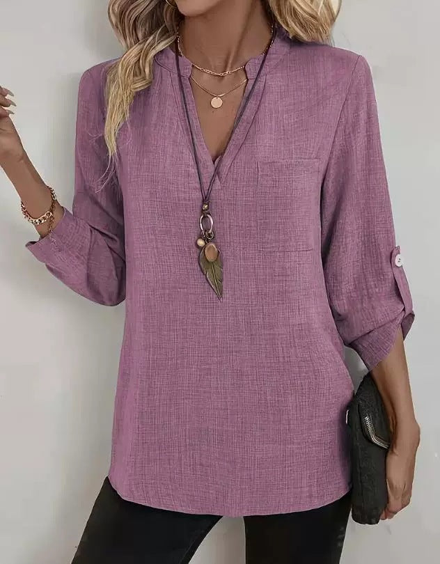 spring/summer european and american cross-border e-commerce new women's casual loose plus size v-neck solid color shirt