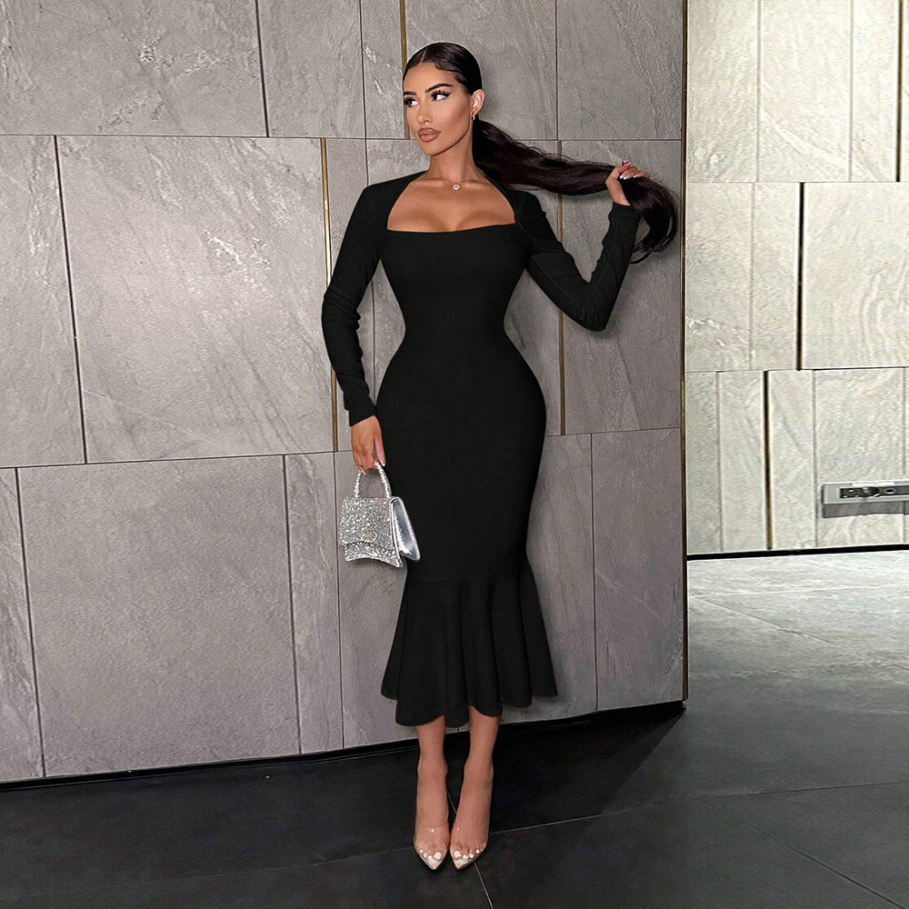 Independent station cross-border fashion women's clothing queen style square neck dress spring and summer new arrivalhigh waist hip-covering design long skirt