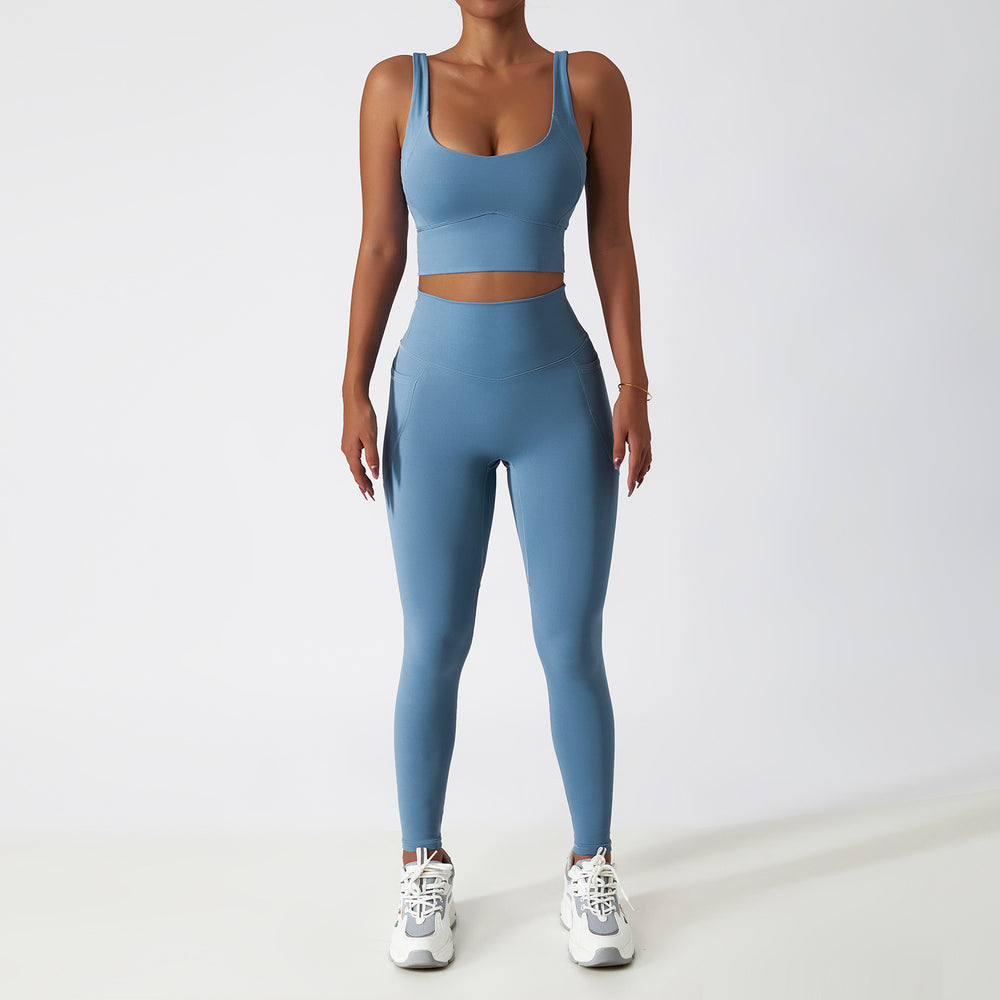 breathable quick-drying tight-fitting yoga clothes flap pocket pants running sports suit diagonal shoulder naked fitness suit6425