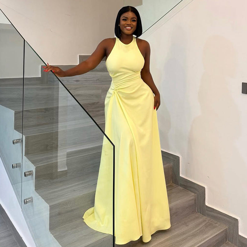 European and american style cross-border new solid color women's bodycon pleated design sleeveless maxi dress with round neck