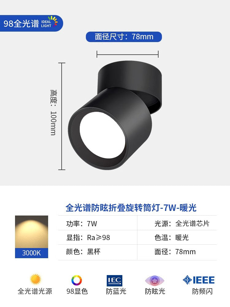 Full spectrum surface mounted downlight spotlight - no drilling, adjustable angle, bedroom ceiling light, folding hallway light, small light for home entrance