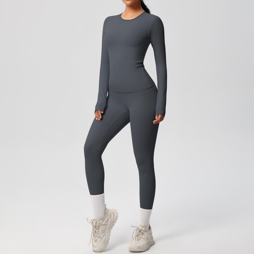 Ready-to-ship cross-border double-sided brushed solid color compression training long sleeve yoga set - activewear running fitness two-piece outfit