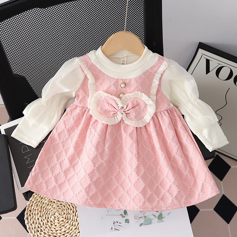 Girls' chanel-inspired dress - spring/autumn style - kids' skirt with puff sleeves, bow detail, round neck, suspender skirt, faux two-piece trendy design