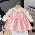 Girls' chanel-inspired dress - spring/autumn style - kids' skirt with puff sleeves, bow detail, round neck, suspender skirt, faux two-piece trendy design