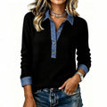 Plus size women's fake two-piece shirt denim collar patchwork waffle gridsknitting long sleeves shirt supply