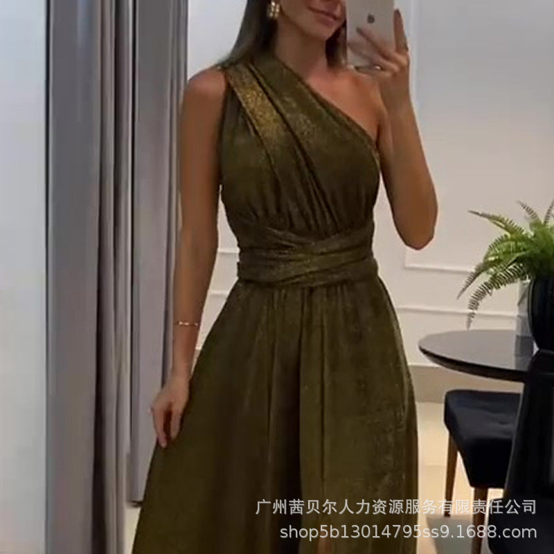 Foreign trade 2023 European and American new brown flash strap split dress