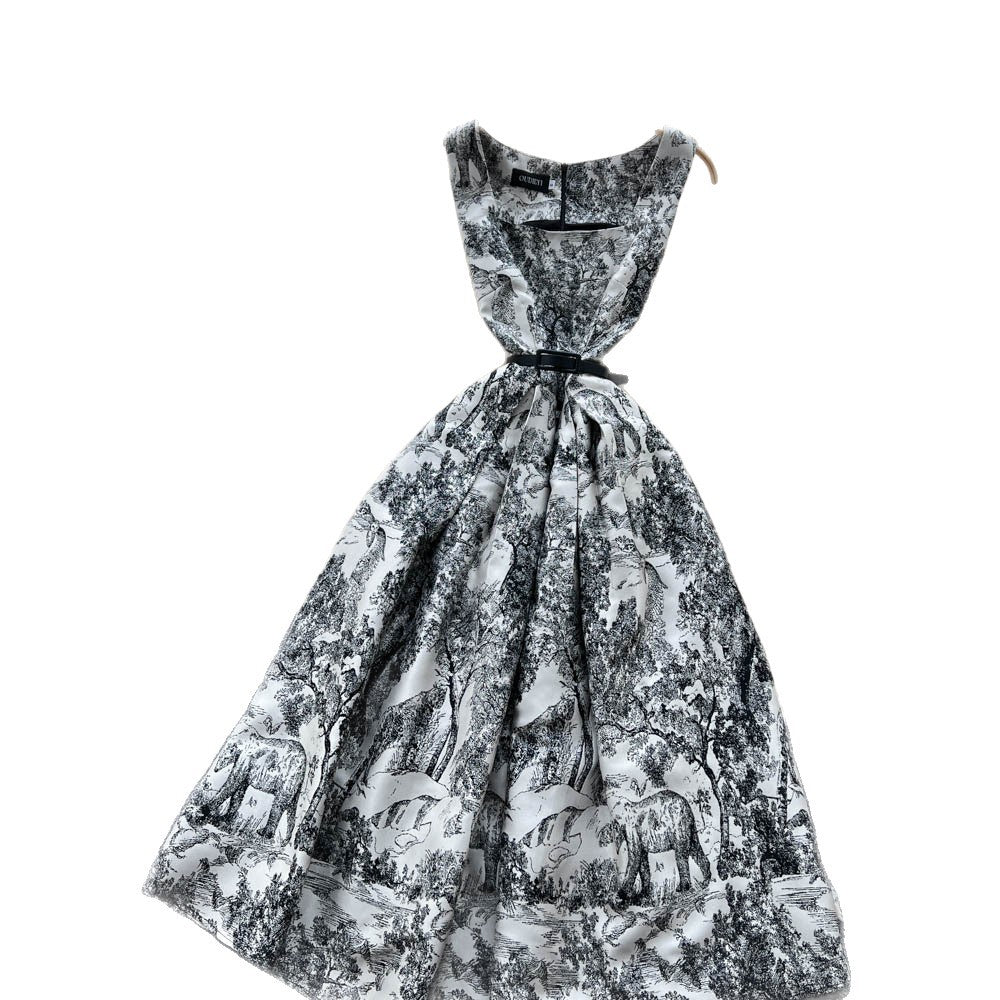 French retro high-end elegant square neck sleeveless printed dress - women's  new arrival - tie-waist maxi dress with flared skirt