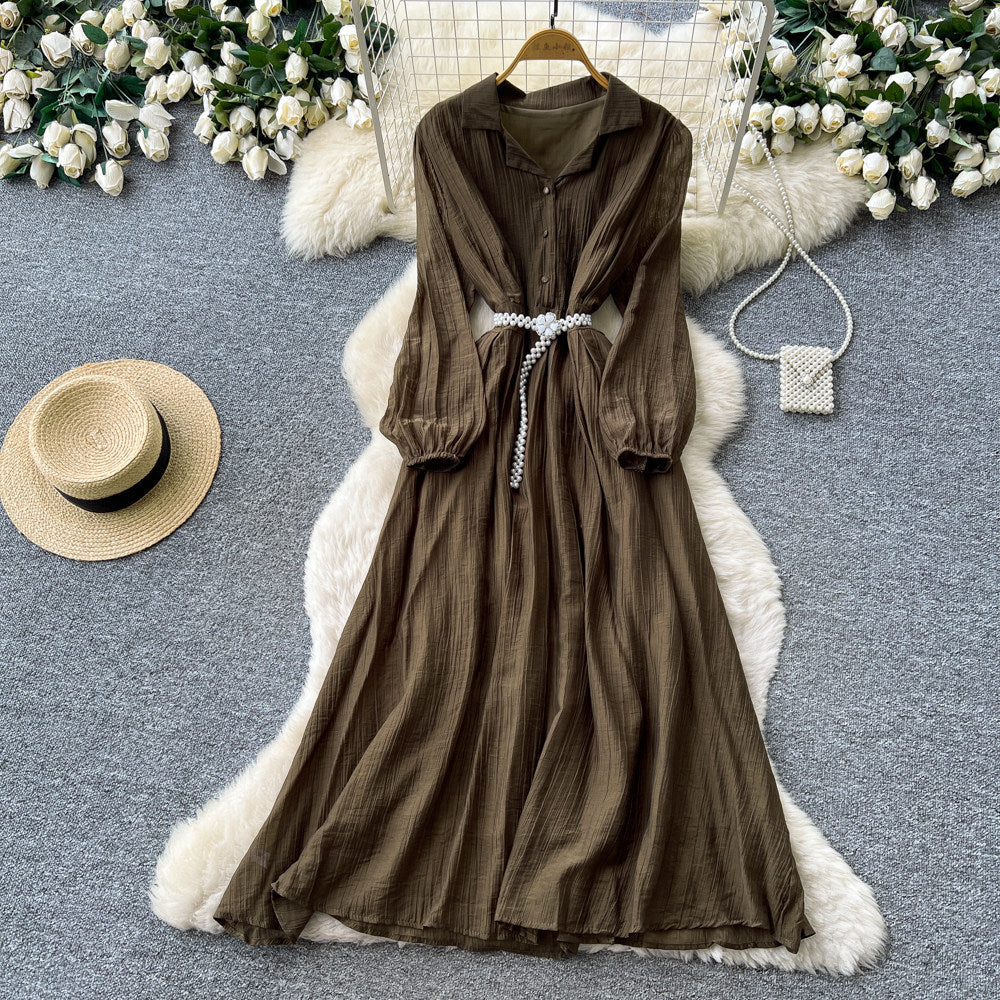 Korean style commute blue ruched long sleeve dress - women's summer slimming a-line elegant maxi dress