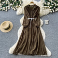 Korean style commute blue ruched long sleeve dress - women's summer slimming a-line elegant maxi dress