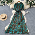 Vintage print a-line dress - women's summer short sleeve, slim fit, elegant long dress