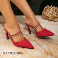 Women's red stiletto heel sandals - fashionable buckle detail, rhinestone embellishments, pointed toe, sexy and minimalist high heel sandals