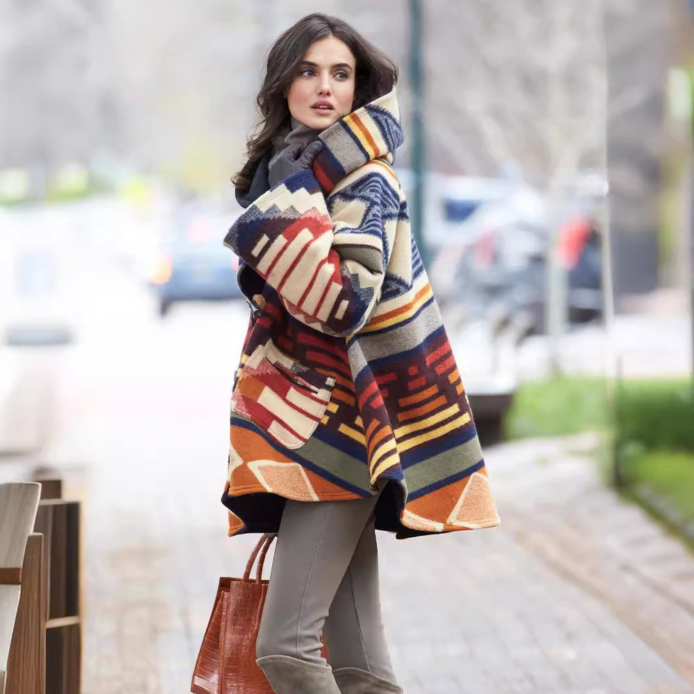 new autumn/winter women's long-sleeved hooded coat - dragon & phoenix print wool blend - perfect for  &  export (us/eu styles)