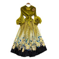 Miya pleated dress women's autumn fashion european and american style 3d floral lantern sleeve tie-waist printed pleated maxi dress