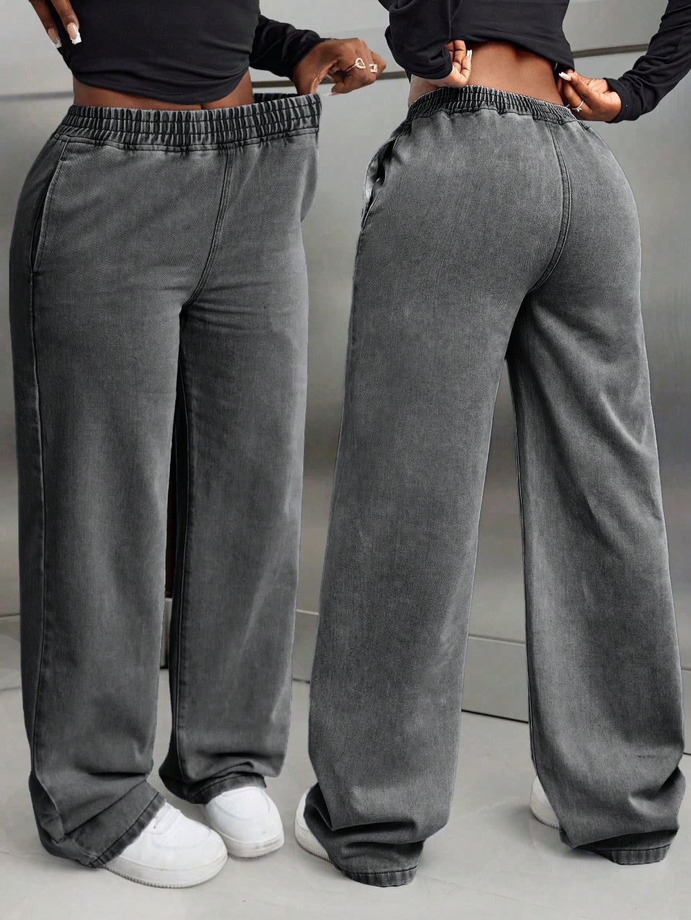 Fashionjeans women's distressed washed elastic waiststraight-legcasualjeansfashion style lazy wide leg pants