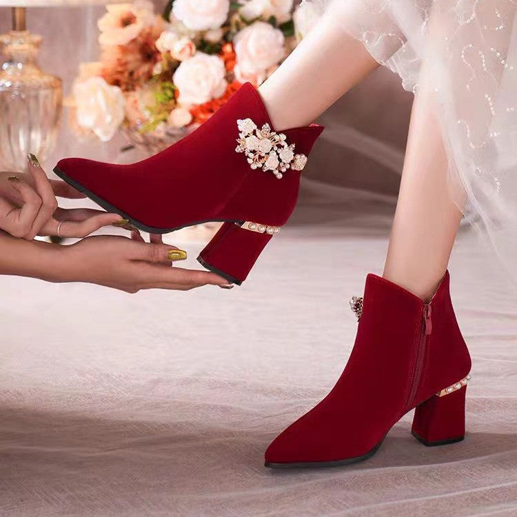 Wedding shoes bridal shoes winter fleece-lined thick heel 2024new arrivalwinter red high heels women's wedding boots not tiring feet