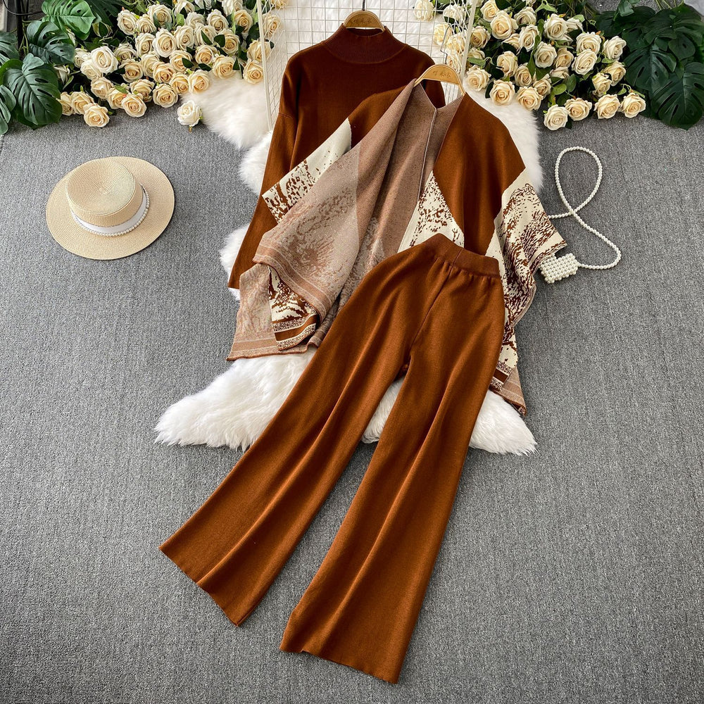 High-end elegant half-high neck sweater + printed knit shawl cardigan + high-waisted slimming pants three-piece set