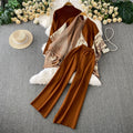 High-end elegant half-high neck sweater + printed knit shawl cardigan + high-waisted slimming pants three-piece set