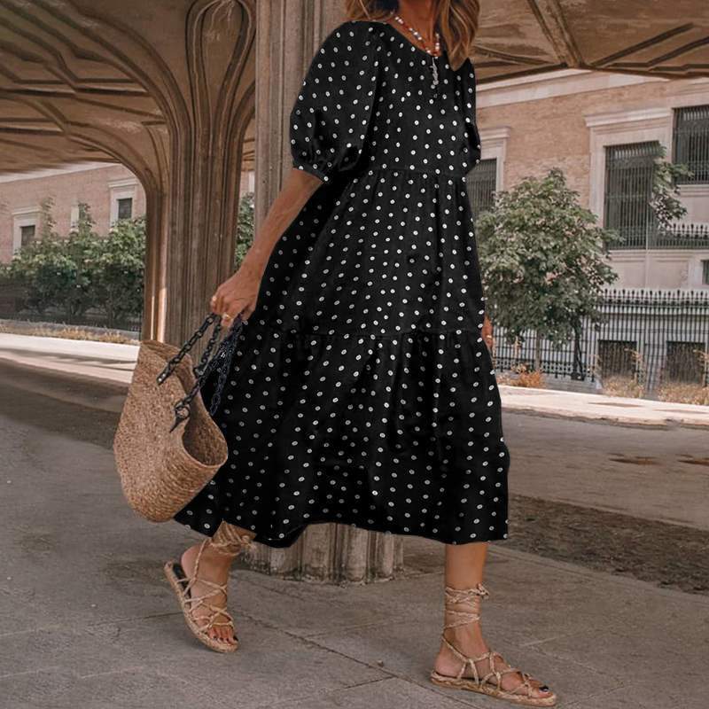 retrodress sundress puff sleeves polka dot printing summer casual plus size women's suit