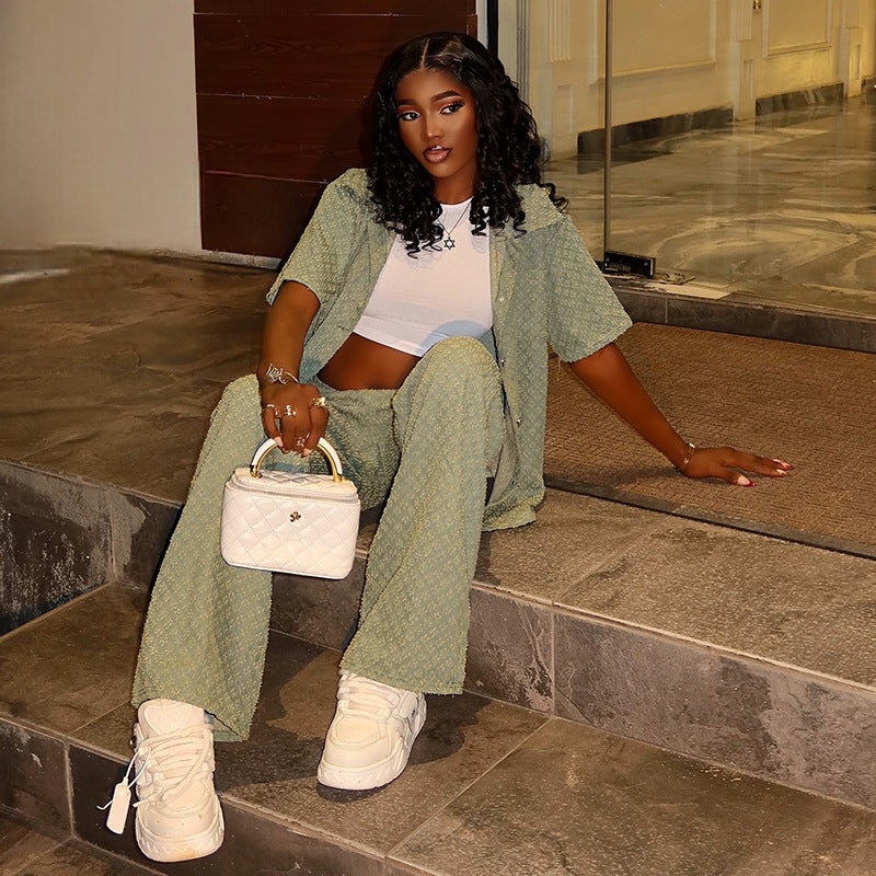 European and american women's clothing  autumn new collection: sweet and fresh turn-down collar short-sleeve shirt top and high-waisted straight-leg pants two-piece set