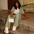 European and american women's clothing  autumn new collection: sweet and fresh turn-down collar short-sleeve shirt top and high-waisted straight-leg pants two-piece set