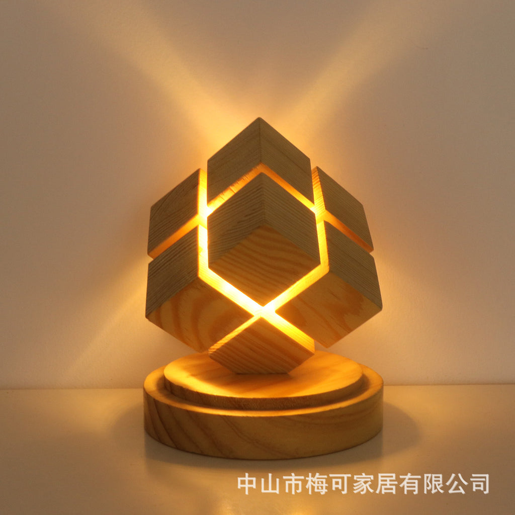 Creative Gifts Wooden Ambient Light Ornament LED Night Light Fourth Step Rubik's Cube Bedside Light with Battery Box