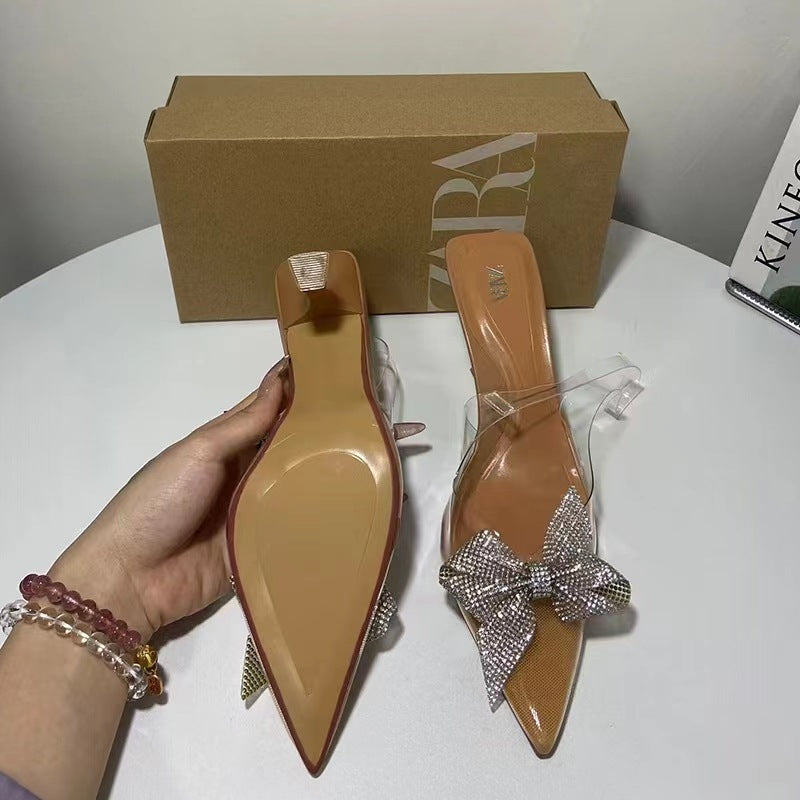 Za summer new women's shoes natural color french crystal slingback high heel transparent mules pointed toe bow sandals