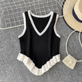 Sweet and spicy girl niche color-block v-neck sleeveless knit tank top for women,  summer new style, ruffle trim, slim fit, figure-flattering top