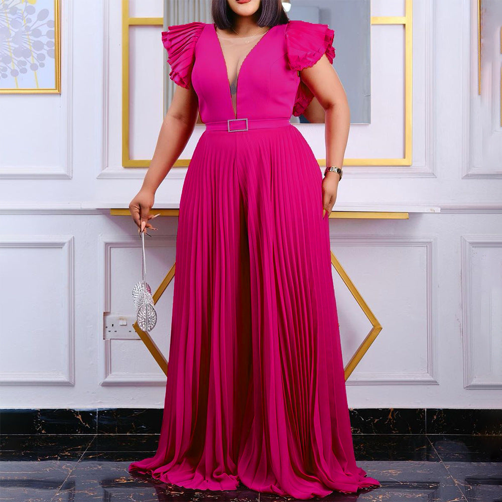 C8491p: new european and american style sexy short-sleeve pleated wide-leg jumpsuit with belt – perfect for cross-border e-commerce on  and