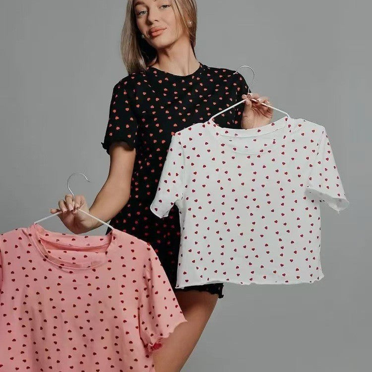 spring/summer new fashion heart print short sleeve & shorts pajama set - cross-border breathable loungewear for women - wholesale