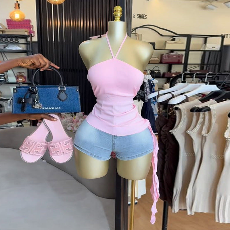 European and american women's clothing  summer sweet and fresh halter neck tube top slimming irregular hem women's blouse