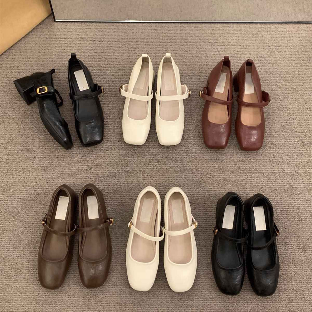 Elegant fairy chunky heel mary jane leather shoes, french retro square toe low-cut flats, 2025 autumn collection, mid-heel evening style