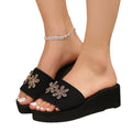 plus size round toe one-shaped wedge slippers 2024new arrival rhinestone flower women's exportfashion cloth slippers