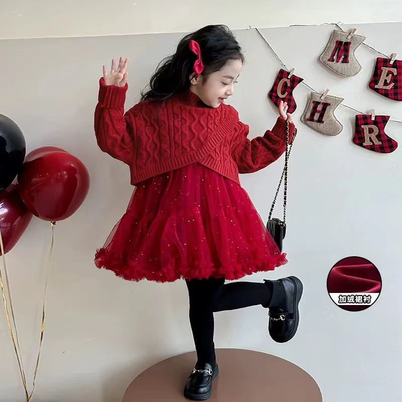 Christmas dress girls' sweater dress  autumn/winter new princess dress new year's outfit tutu skirt set