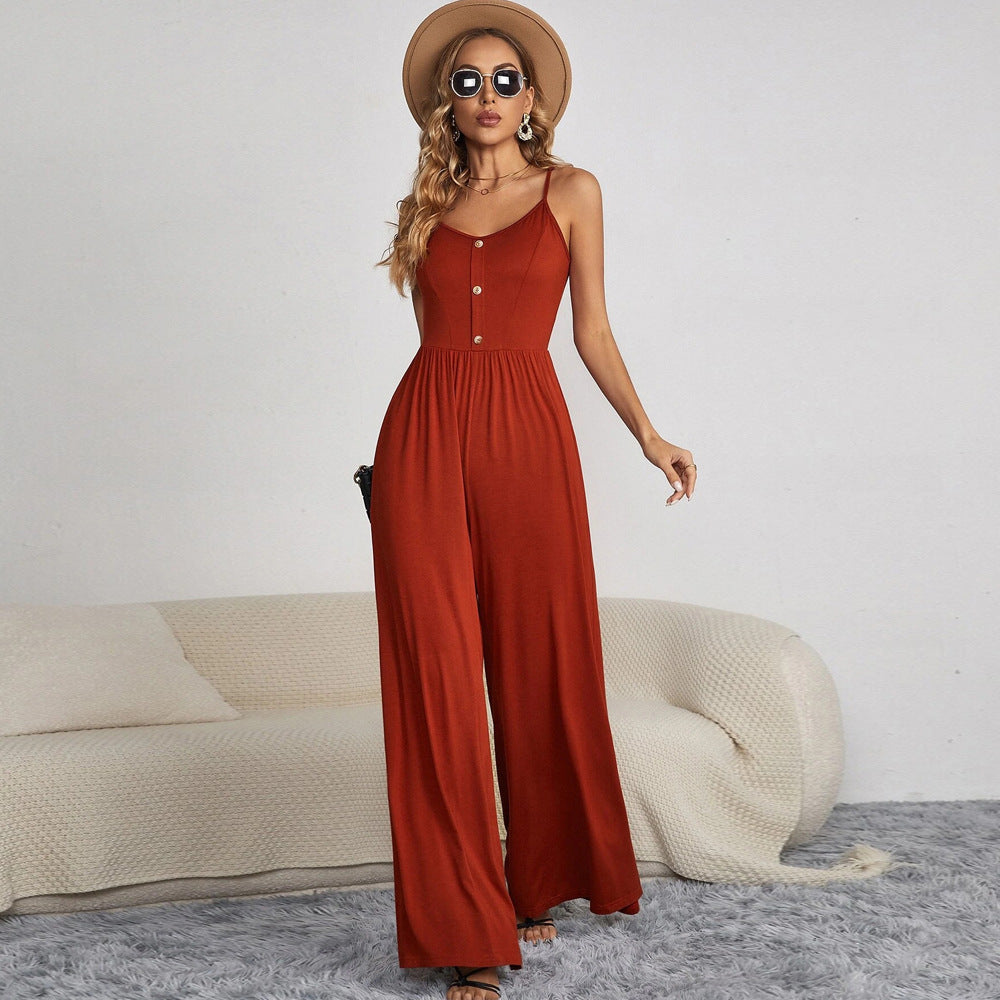 european and american style new summer women's jumpsuit - solid color casual sleeveless loose-fit romper