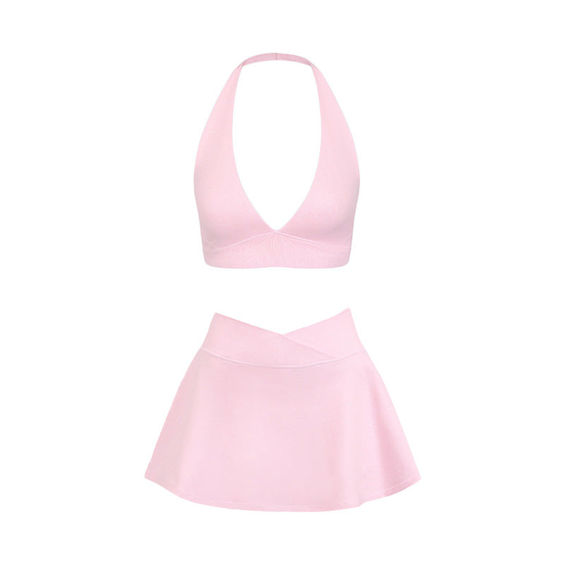 Shockproof with chest pad high elastic brushed fitness tops tennis skirt halter sports intimates short skirt yoga suit for women