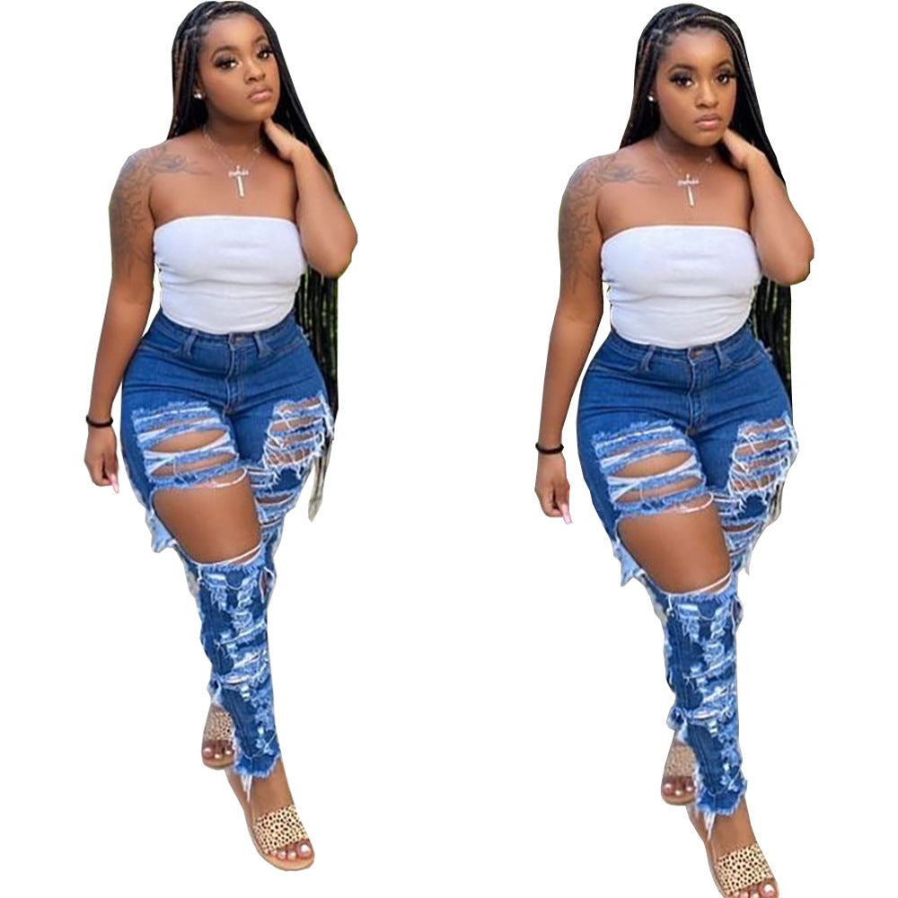 European and american export women's clothing -  &  style: high-waisted, distressed, washed, straight-leg dark wash jeans