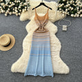 Sling knittingdress women's  summer korean chic retro gradient color wave pattern silm hip covering long skirt