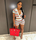 European and american cross-border women's clothing:  summer new street style sexy striped distressed breathable knit shorts set