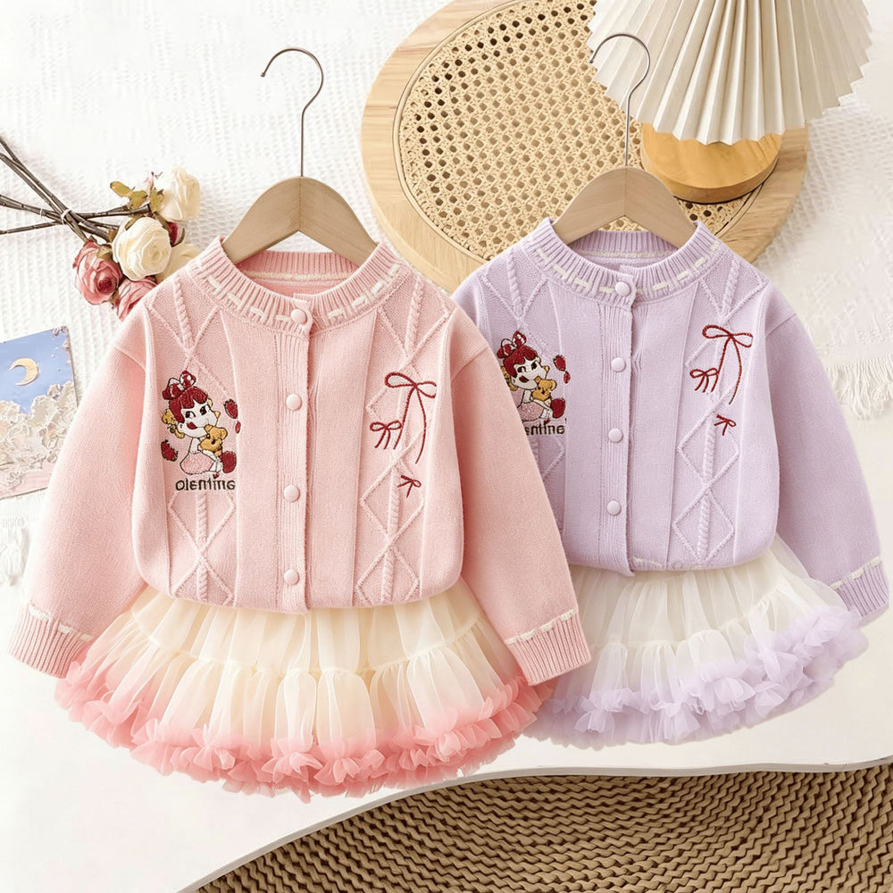 Girls' fall/winter outfit: new knitted cardigan and princess tutu skirt set for little girls - stylish two-piece set with mesh overlay