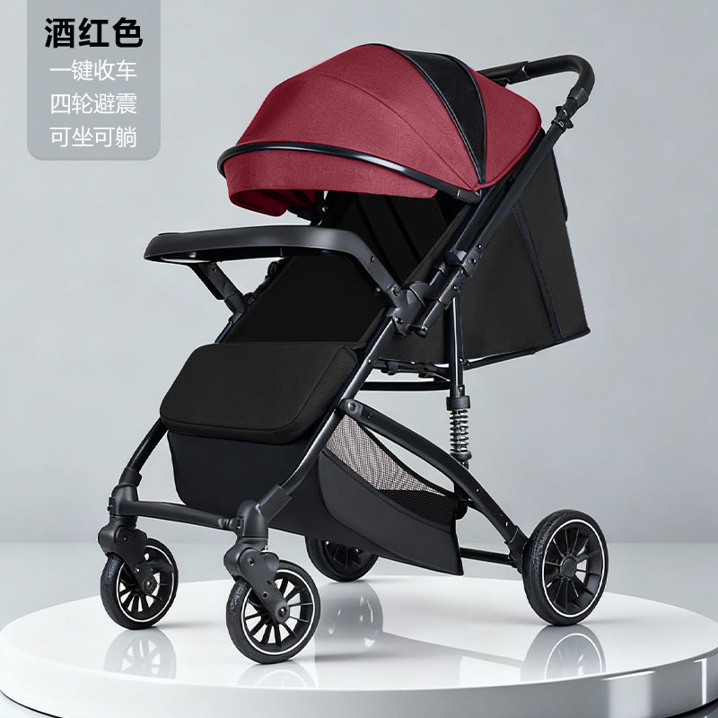 Stylish, lightweight, foldable, high-view four-wheel shock-absorbing baby stroller with one-click fold