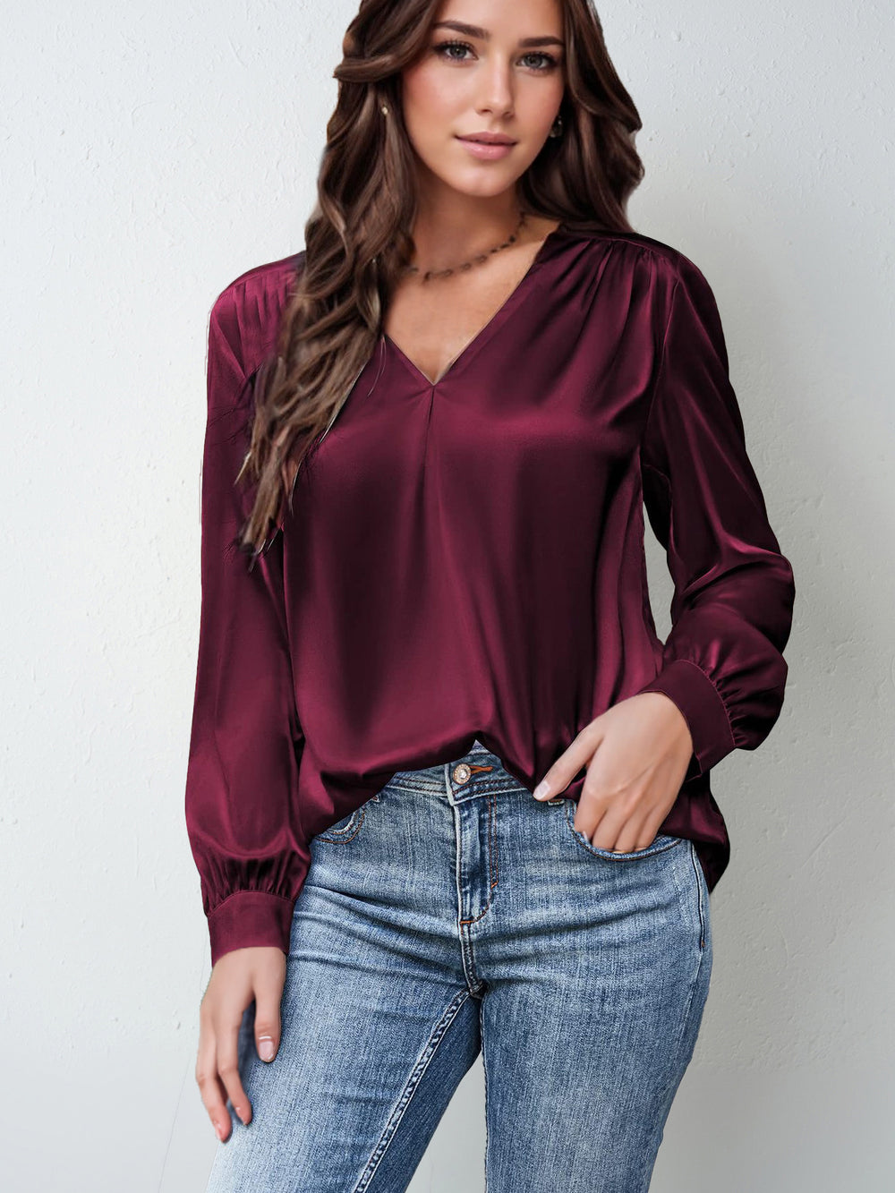 hot-selling women's satin ruched long sleeve top - v-neck casual loose satin commute blouse
