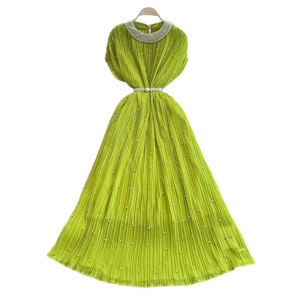European and american light luxury socialite beaded round neck dress - women's summer slimming pleated elegant long gown