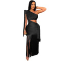 C7428 cross-border   fashion women's sexy casual one-shoulder tassel maxi dress